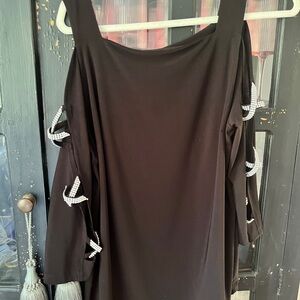 Black Shirt with Rhinestone Criss Cross Accents on Sleeves